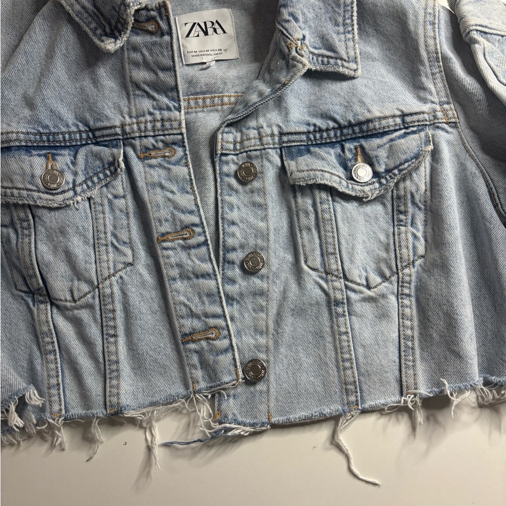 Zara Washed Blue Cropped Denim Jacket